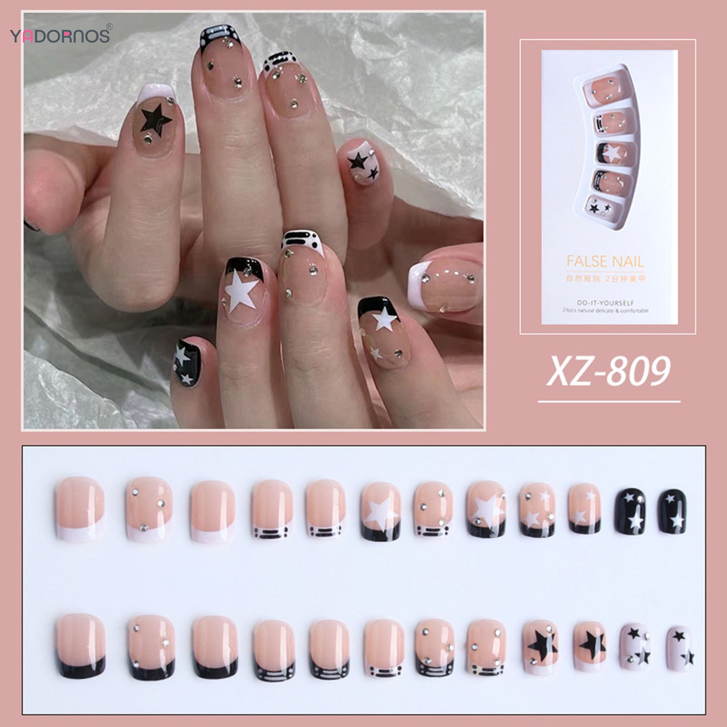Short Square Fake Nails Y2K Style Nails Press on White/Black French Tips Star Diamond Designs False Nails for y2k Girls 24Pcs