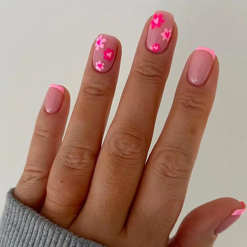 24pcs Pink Flower Fake Nail with Glue Cute White Artificial Nails Wearable Press on Acrylic Nails Square False Nails Press Ons