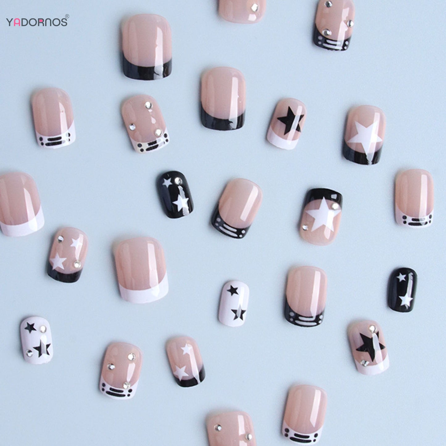 Short Square Fake Nails Y2K Style Nails Press on White/Black French Tips Star Diamond Designs False Nails for y2k Girls 24Pcs