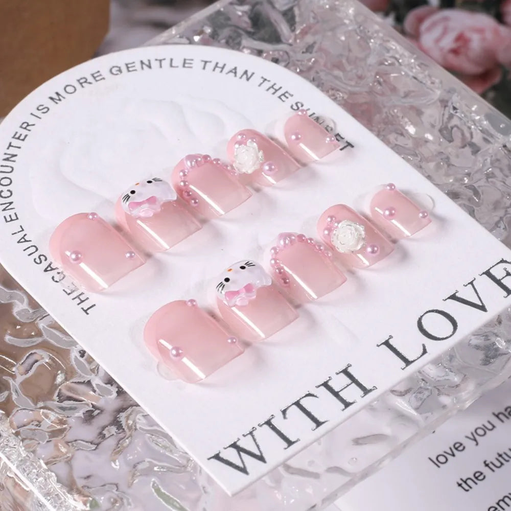 24pcs Short Square Pink Kitty Cat Press on Fake Nails Cute Cartoon Hello Kitty Nail Tips with Camellia Pearl Handmade Nail Patch