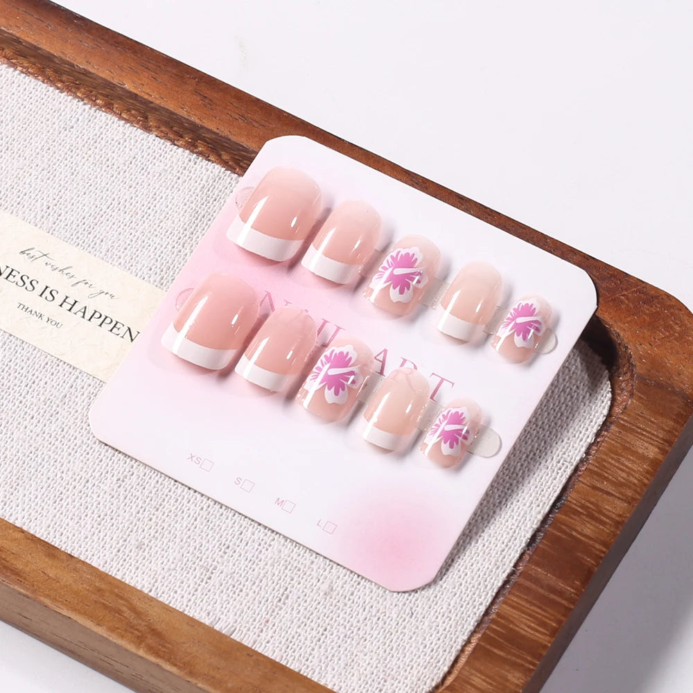 24Pcs White Pink Flower Acrylic Fake Nails Short Square French False Nail Wearable Full Cover Artificial Press on Nail For Women