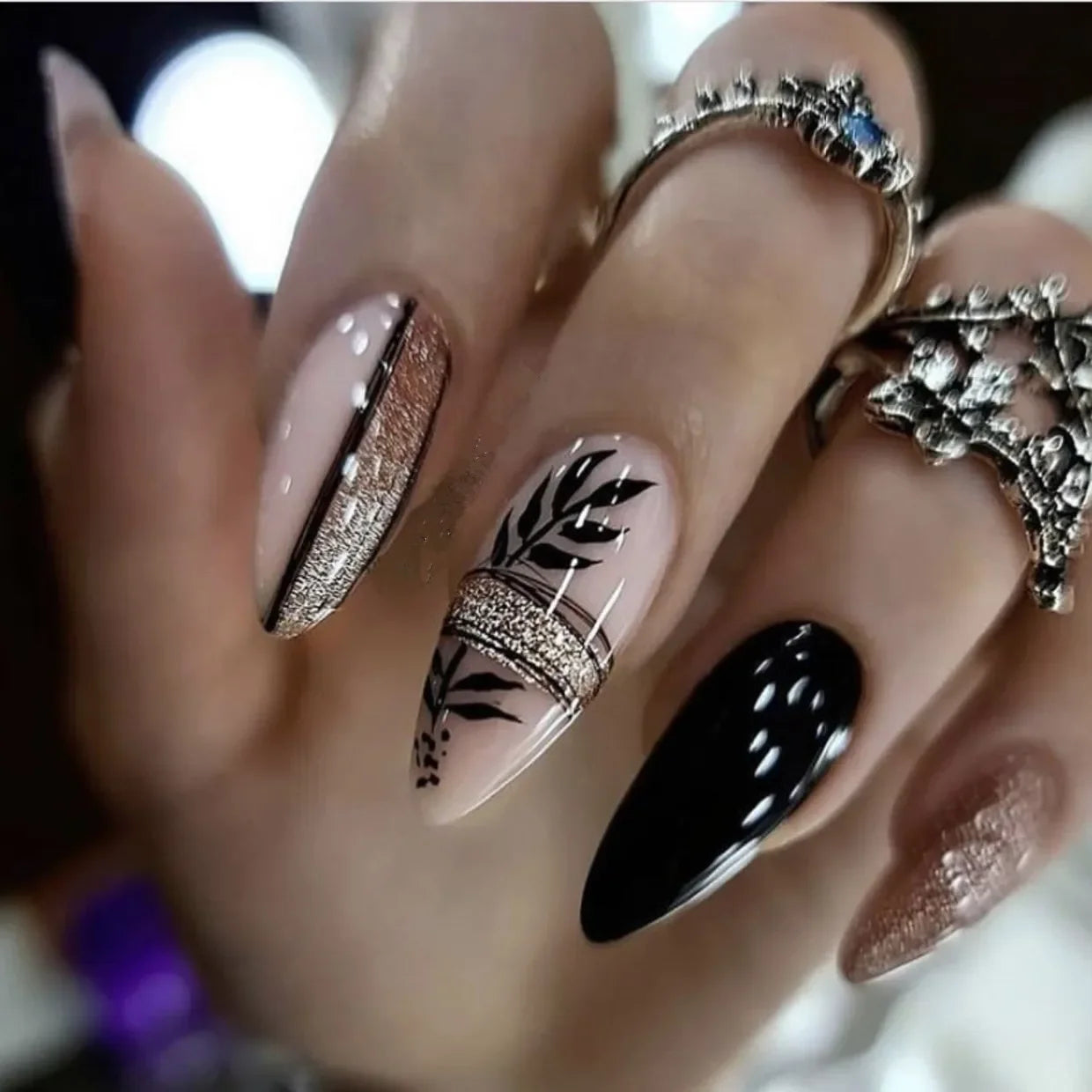 24Pcs Matte Almond Autumn Winter False Nails with Glue Glitter Butterfly Fake Nail Press Ons Black Gradient Artificial Nail Tips