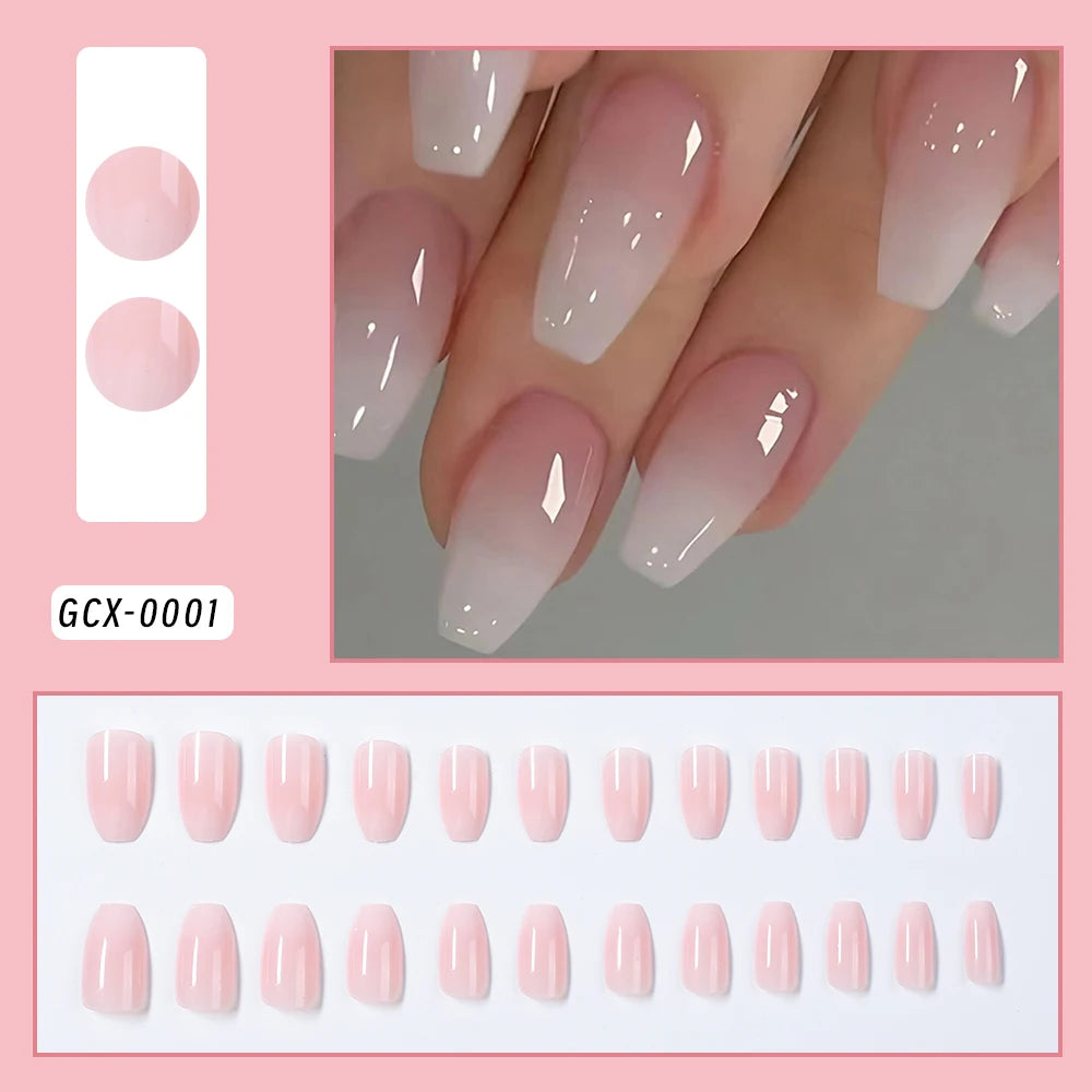 24Pcs White Pink Flower Acrylic Fake Nails Short Square French False Nail Wearable Full Cover Artificial Press on Nail For Women