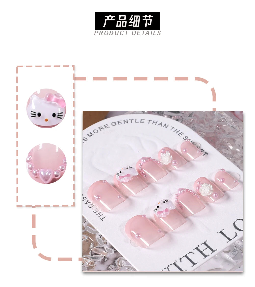 24pcs Short Square Pink Kitty Cat Press on Fake Nails Cute Cartoon Hello Kitty Nail Tips with Camellia Pearl Handmade Nail Patch